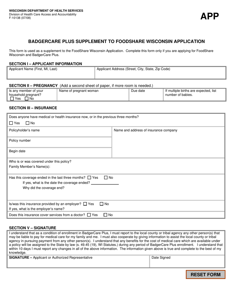 Form F-10138 Badgercare Plus Supplement to Foodshare Wisconsin Application - Wisconsin, Page 1