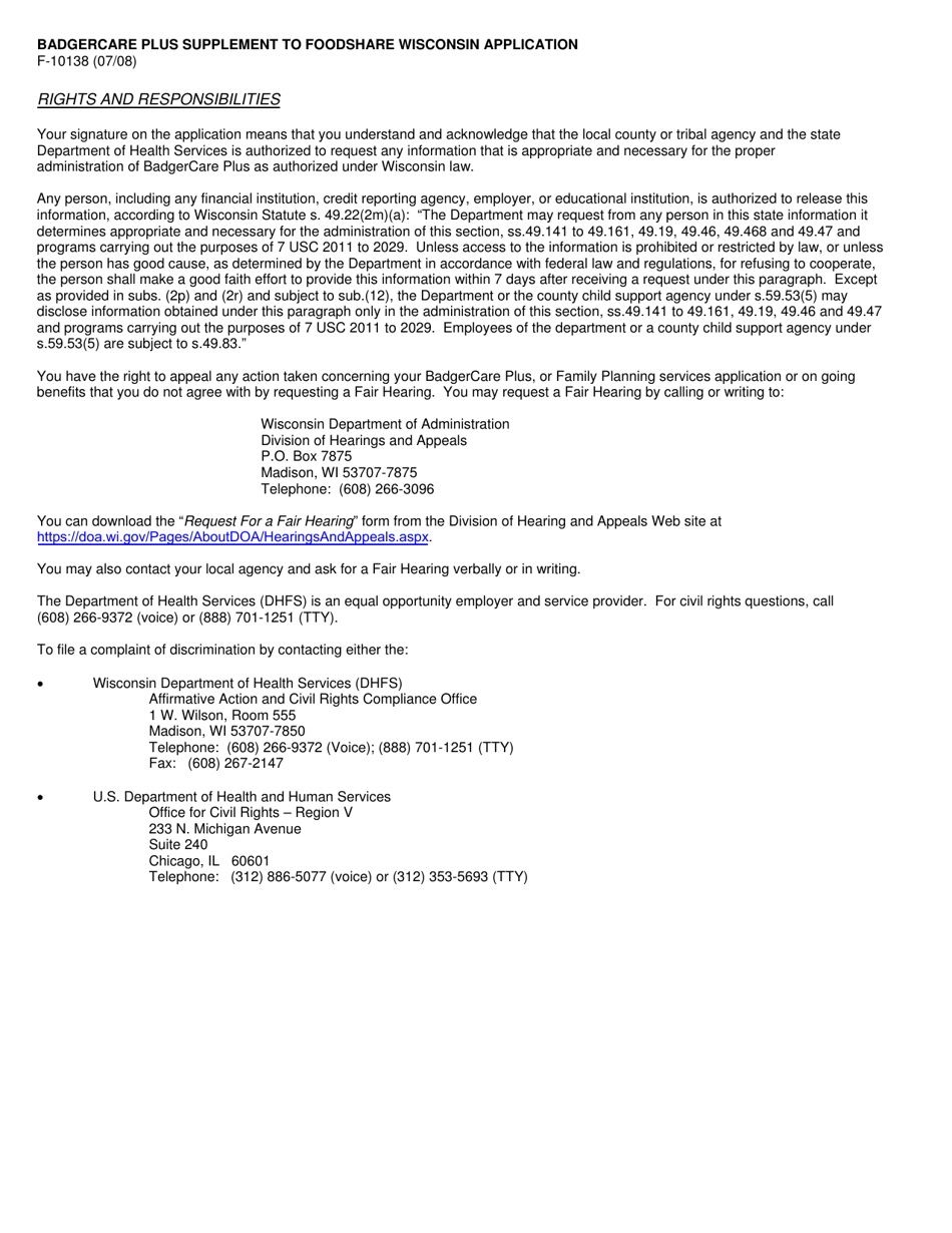 Form F-10138 Badgercare Plus Supplement to Foodshare Wisconsin Application - Wisconsin, Page 2