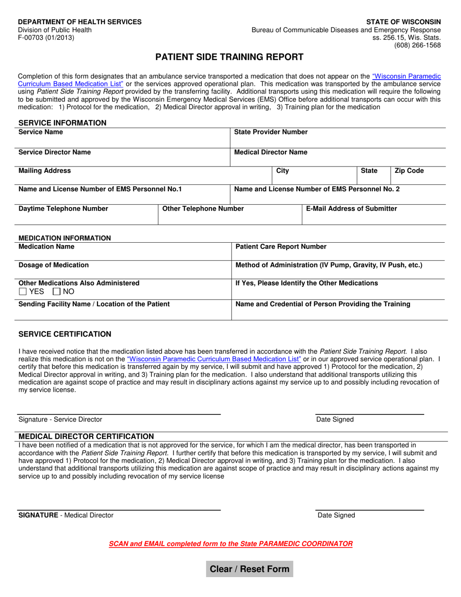 Form F-00703 Patient Side Training Report - Wisconsin, Page 1