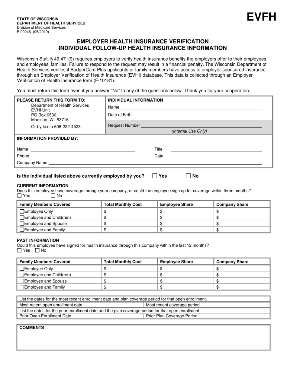 Form F-00246 Employer Health Insurance Verification Individual Follow-Up Health Insurance Information - Wisconsin, Page 1