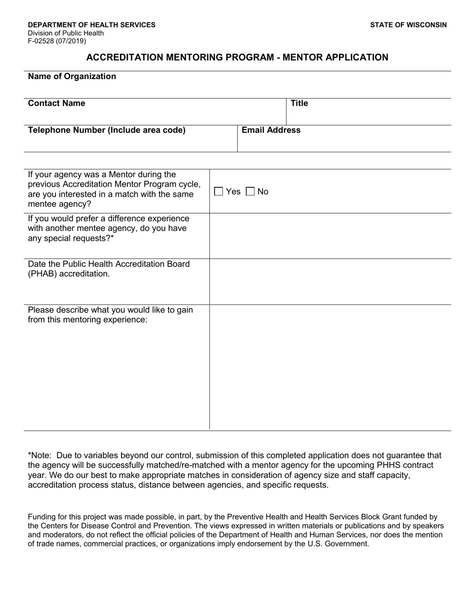 Form F-02528 Mentor Application - Accreditation Mentoring Program - Wisconsin, Page 1