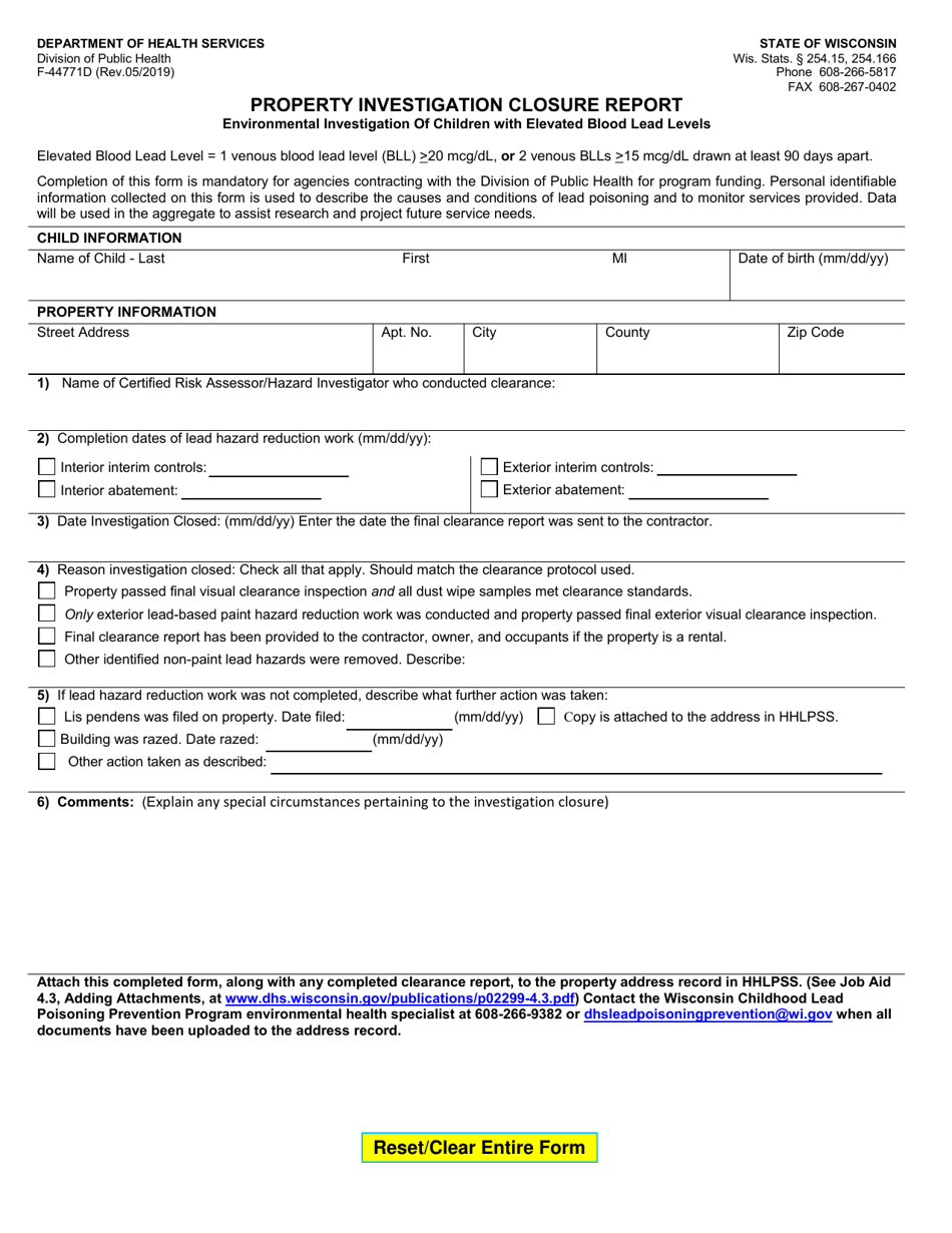 Form F-44771D Property Investigation Closure Report - Environmental Investigation of Children With Elevated Blood Lead Levels - Wisconsin, Page 1