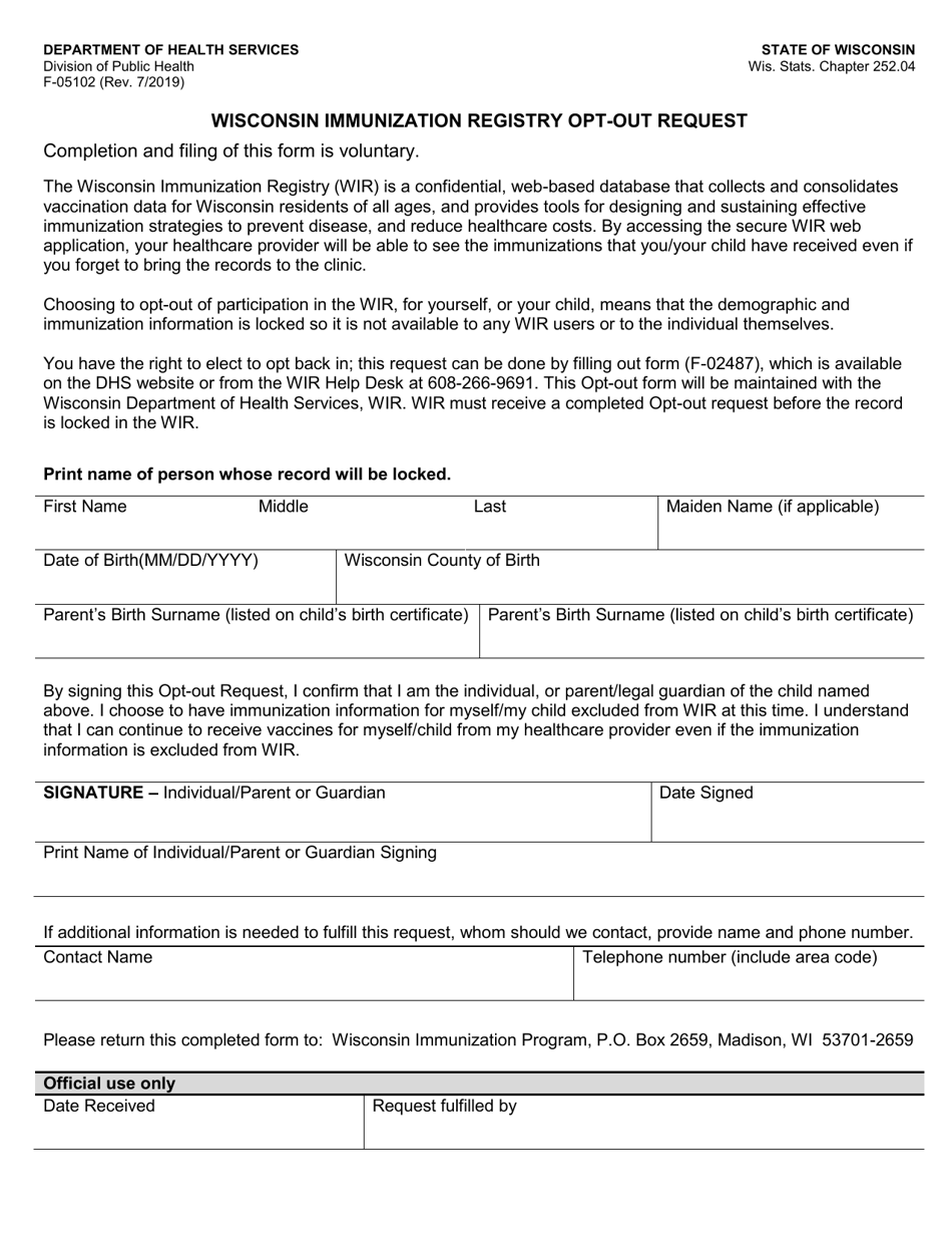 Form F-05102 Wisconsin Immunization Registry Opt-Out Request - Wisconsin, Page 1