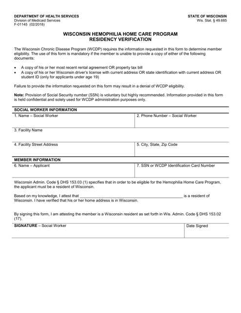 Form F-01145 Residency Verification - Wisconsin Hemophilia Home Care Program - Wisconsin