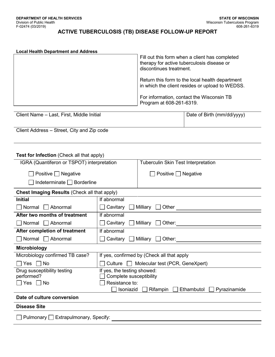 Form F-02474 Active Tuberculosis (Tb) Disease Follow-Up Report - Wisconsin, Page 1