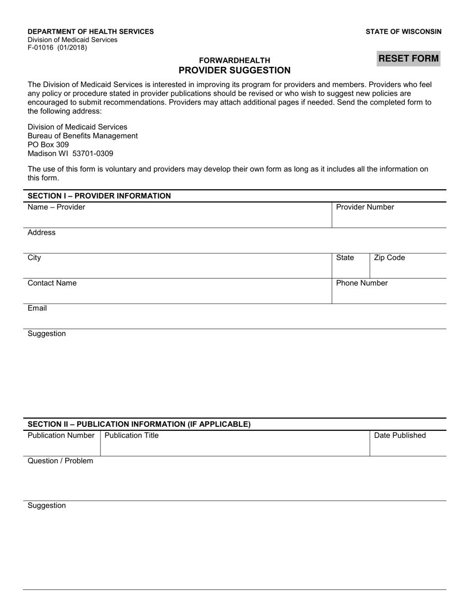 Form F-01016 Forwardhealth Provider Suggestion - Wisconsin, Page 1