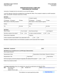 Document preview: Form F-44322 Vendor/Participant Complaint - Wisconsin Wic Program - Wisconsin