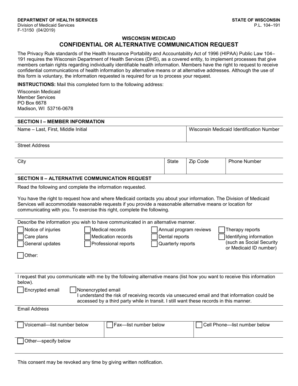 Form F-13150 Wisconsin Medicaid Confidential or Alternative Communication Request - Wisconsin, Page 1