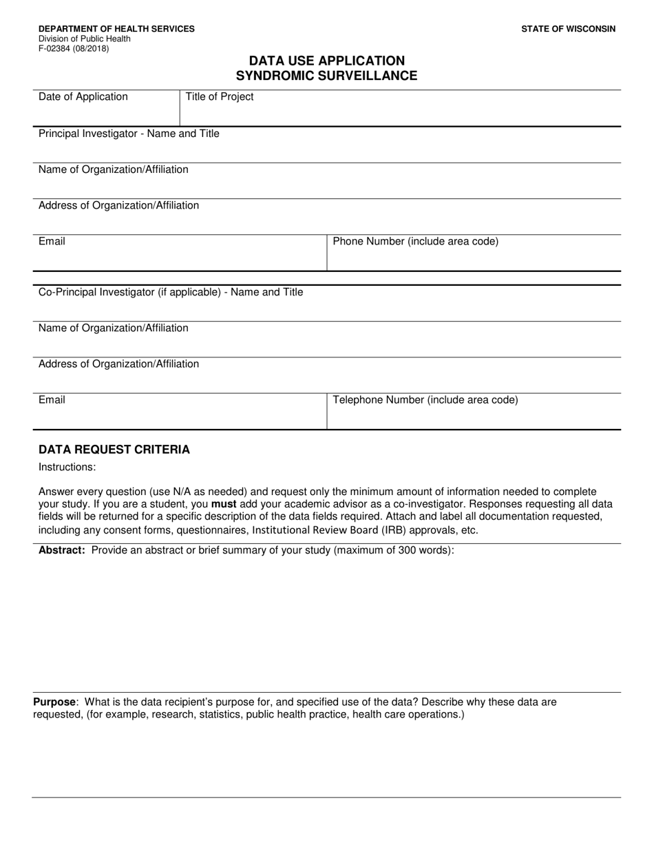 Form F-02384 Syndromic Surveillance Data Use Application - Wisconsin, Page 1