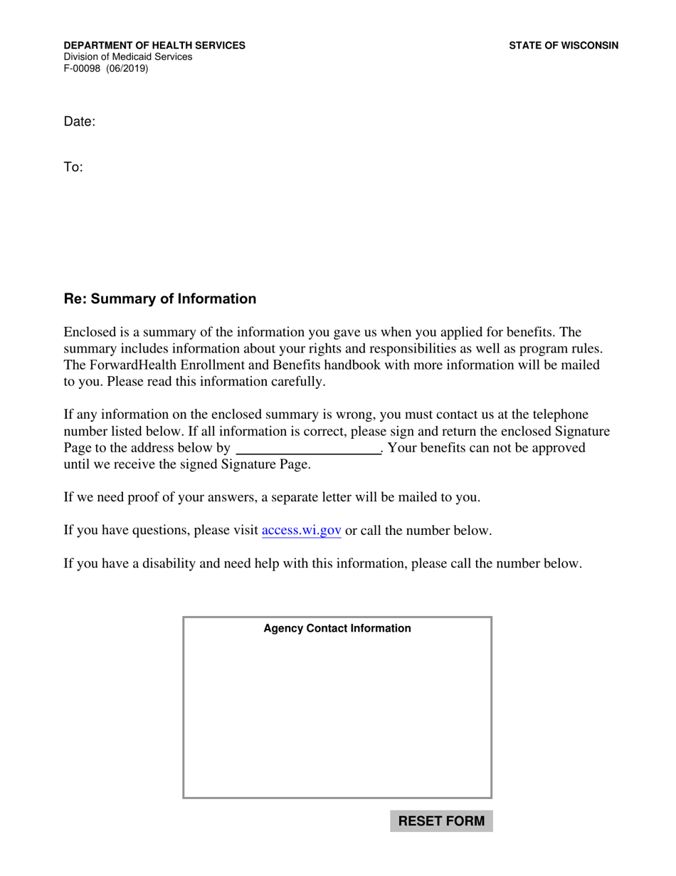 Form F-00098 Summary of Information Letter - Wisconsin, Page 1