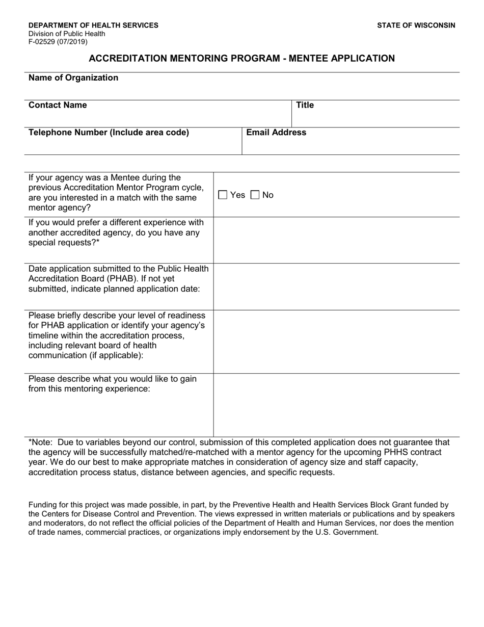 Form F-02529 Mentee Application - Accreditation Mentoring Program - Wisconsin, Page 1