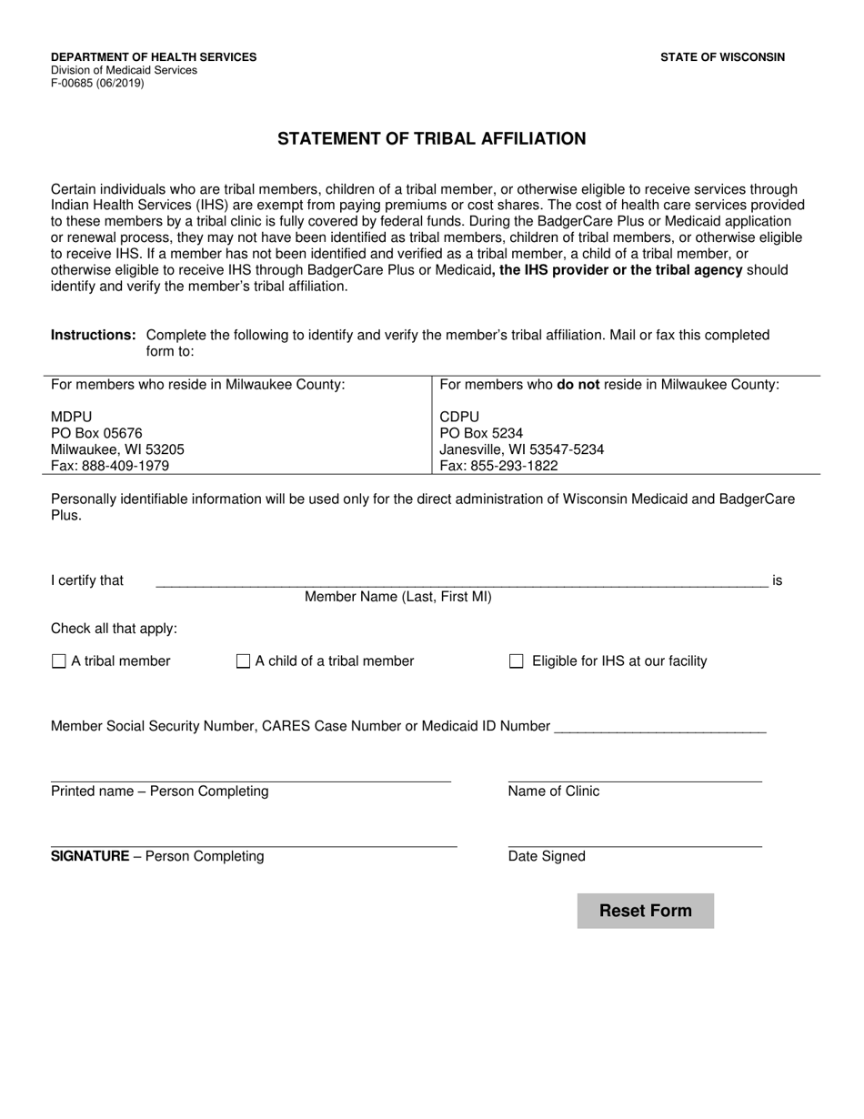 Form F-00685 Statement of Tribal Affiliation - Wisconsin, Page 1