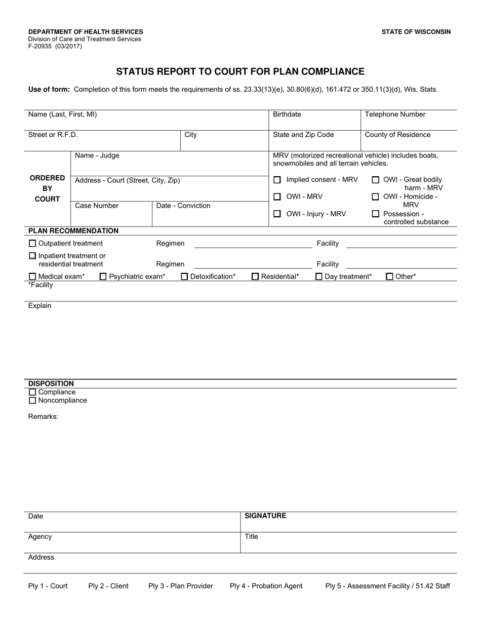 Form F-20935 Status Report to Court for Plan Compliance - Wisconsin, Page 1