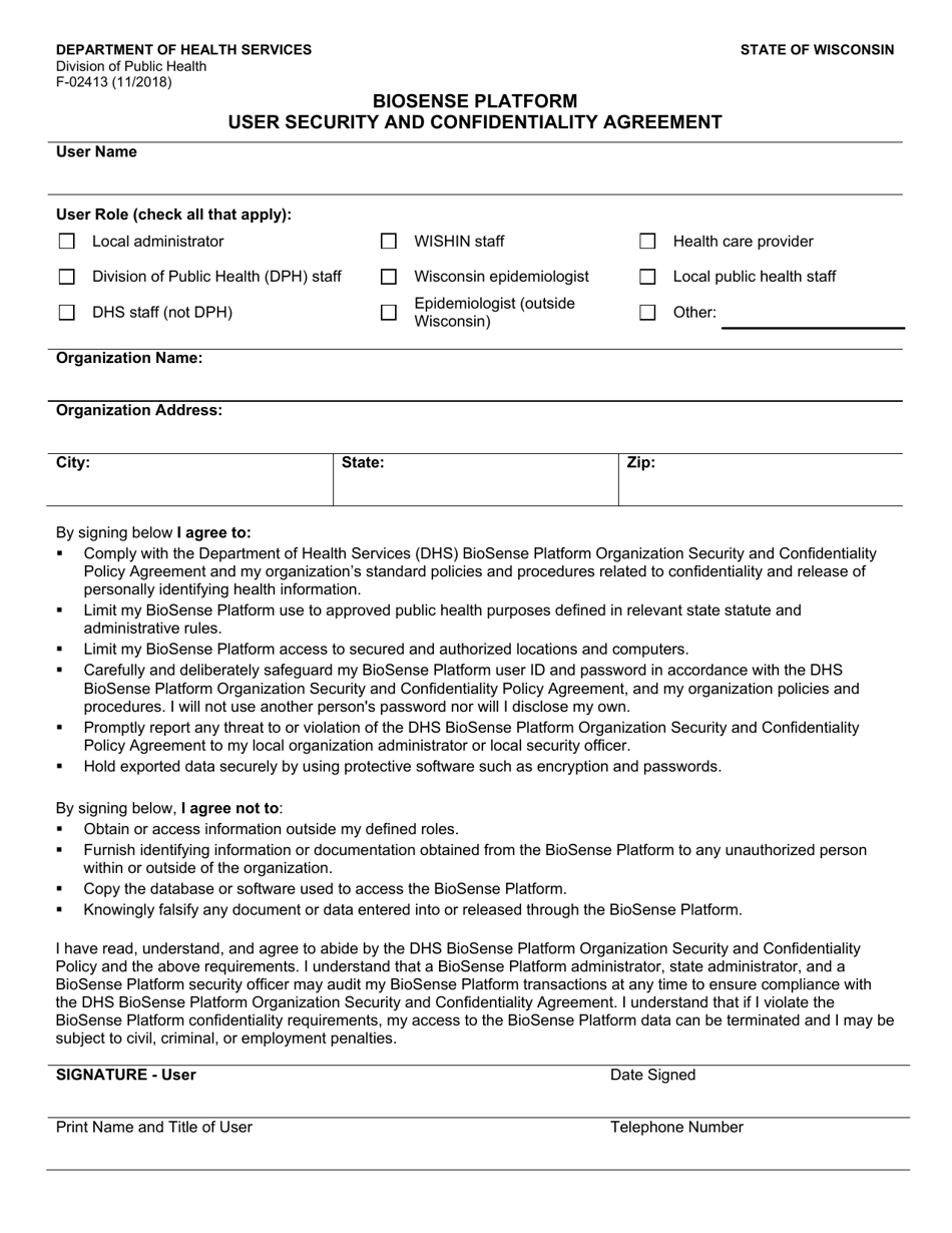 Form F-02413 Biosense Platform User Security and Confidentiality Agreement - Wisconsin, Page 1