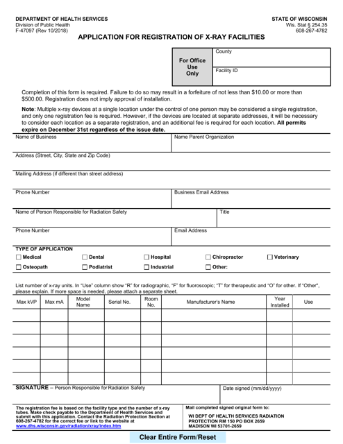Form F-47097 Application for Registration of X-Ray Facilities - Wisconsin