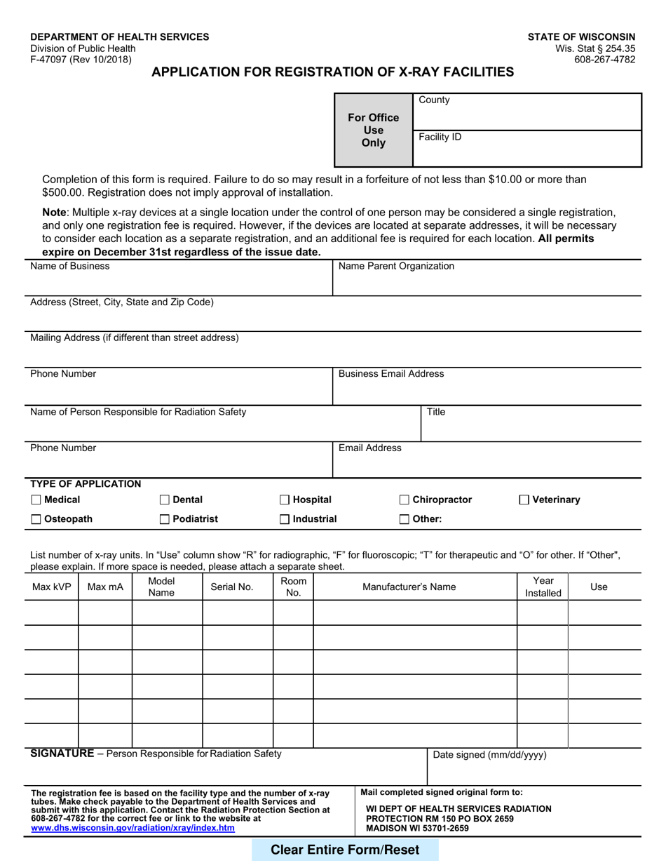 Form F-47097 Application for Registration of X-Ray Facilities - Wisconsin, Page 1