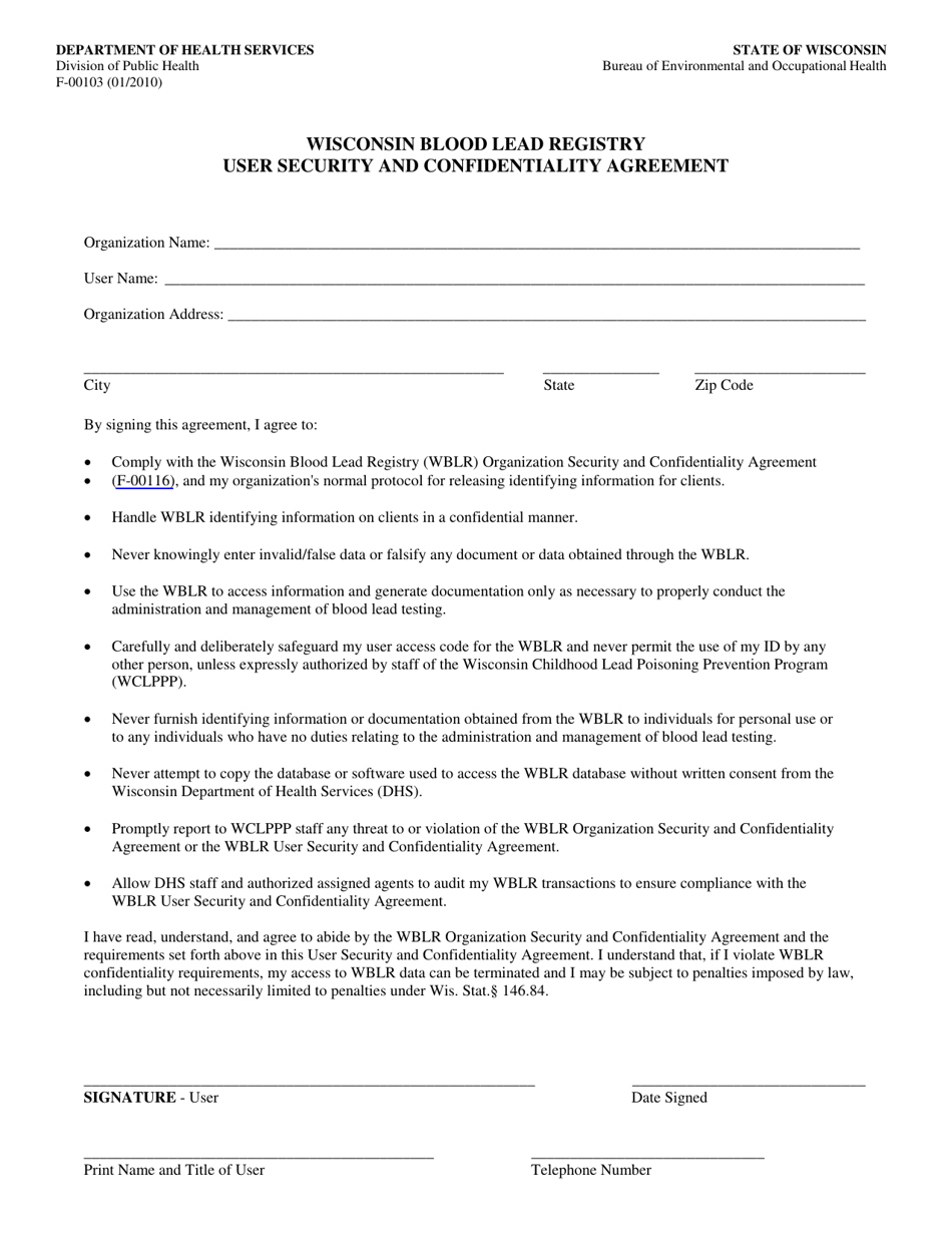 Form F-00103 Wisconsin Blood Lead Registry User Security and Confidentiality Agreement - Wisconsin, Page 1