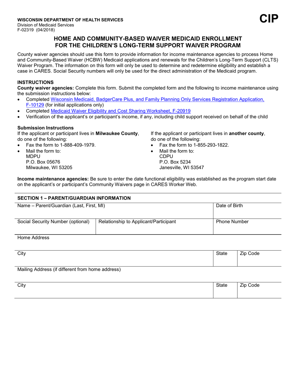 Form F-02319 Home and Community-Based Waiver Medicaid Enrollment for the Children's Long-Term Support Waiver Program - Wisconsin, Page 1