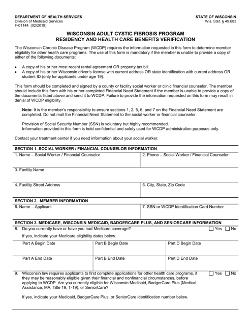 Form F-01144 Residency and Health Care Benefits Verification - Wisconsin Adult Cystic Fibrosis Program - Wisconsin