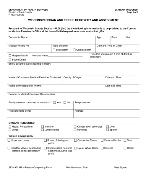 Form F-43023 Wisconsin Organ and Tissue Recovery and Assessment - Wisconsin