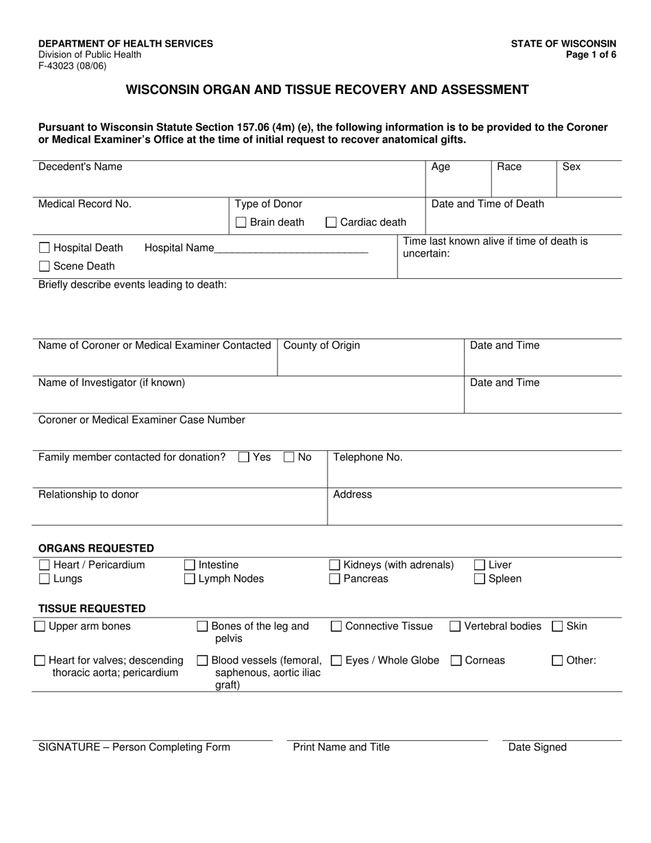 Form F-43023 Wisconsin Organ and Tissue Recovery and Assessment - Wisconsin, Page 1