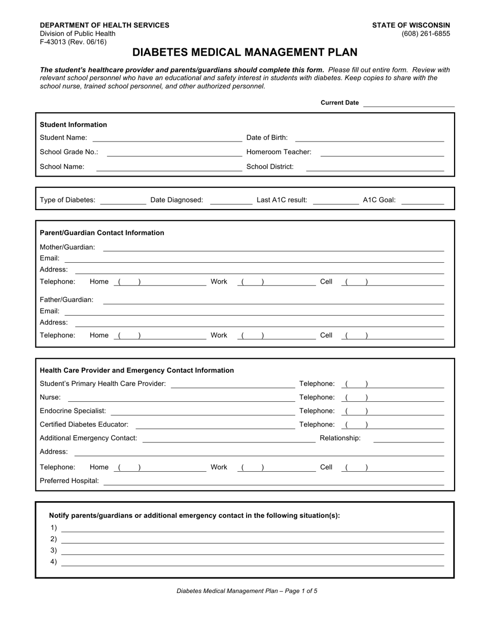 Form F-43013 Diabetes Medical Management Plan - Wisconsin, Page 1