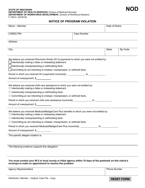 Form F-16014 Notice of Program Violation - Wisconsin