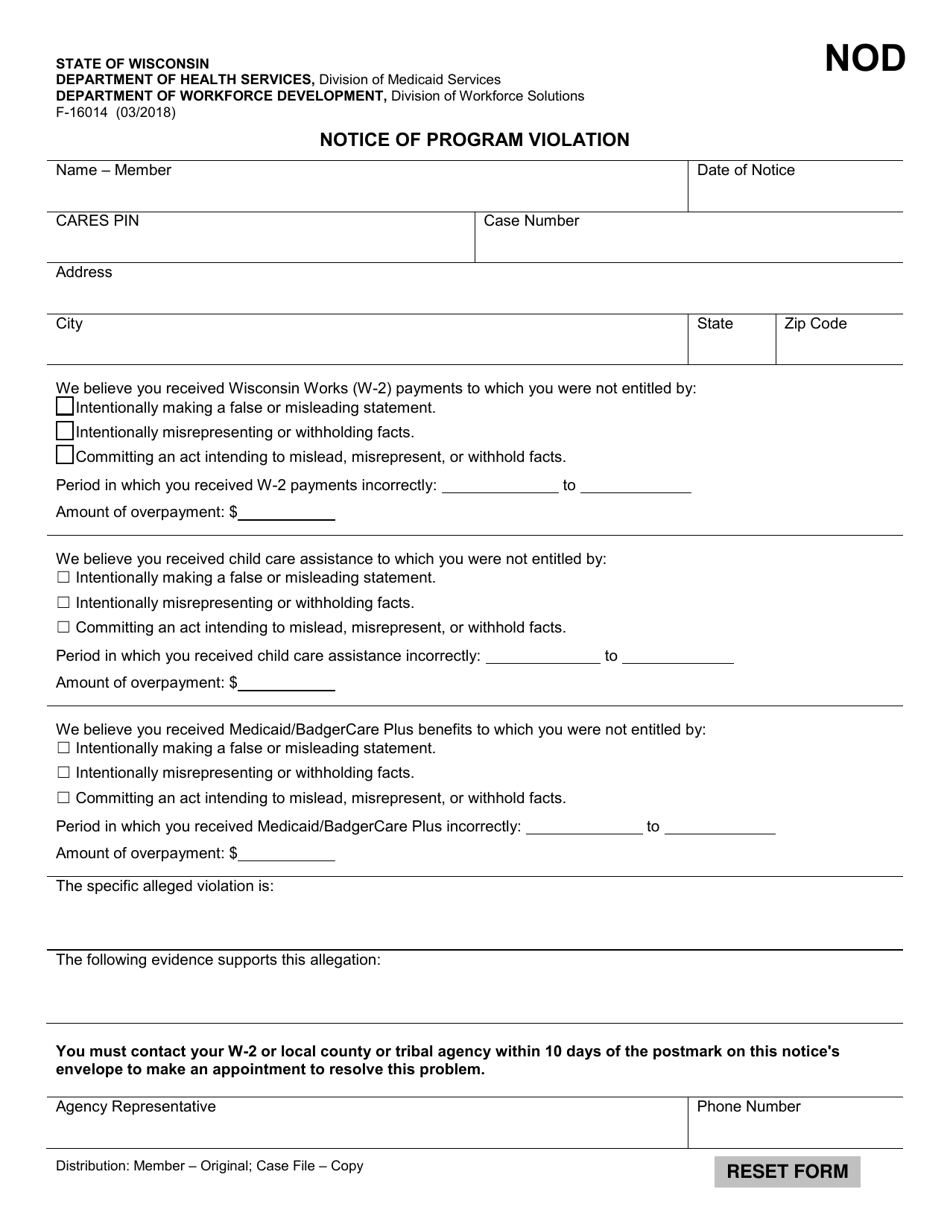 Form F-16014 Notice of Program Violation - Wisconsin, Page 1