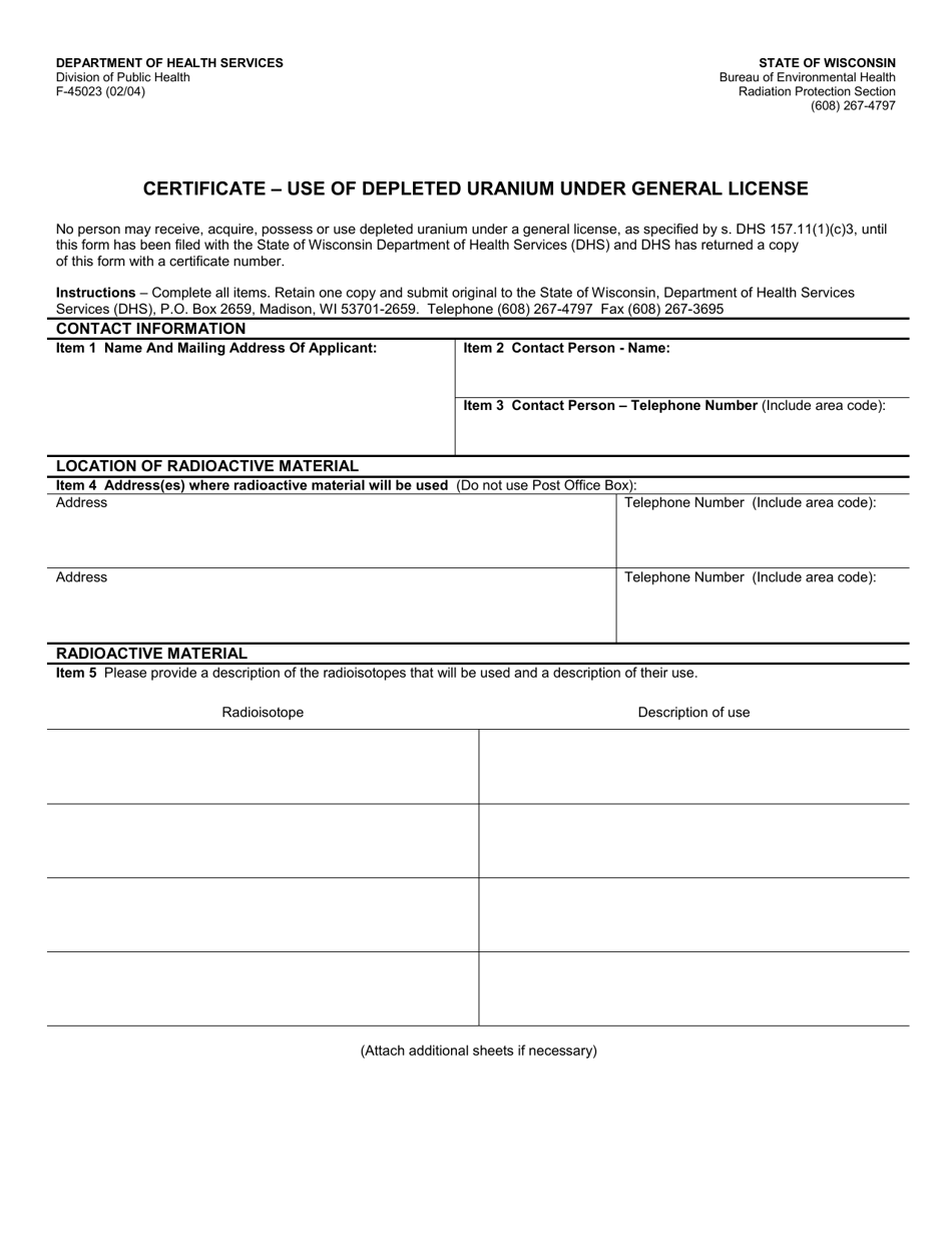 Form F-45023 Certificate - Use of Depleted Uranium Under General License - Wisconsin, Page 1