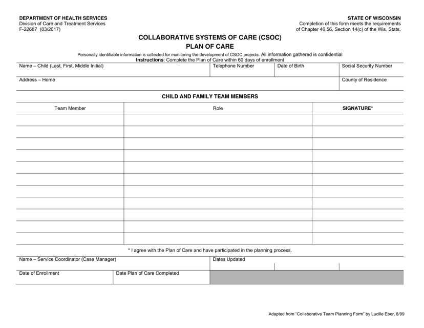 Form F-22687 Collaborative Systems of Care (Csoc) Plan of Care - Wisconsin