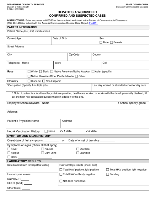 Form F-02241 Hepatitis a Worksheet Confirmed and Suspected Cases - Wisconsin