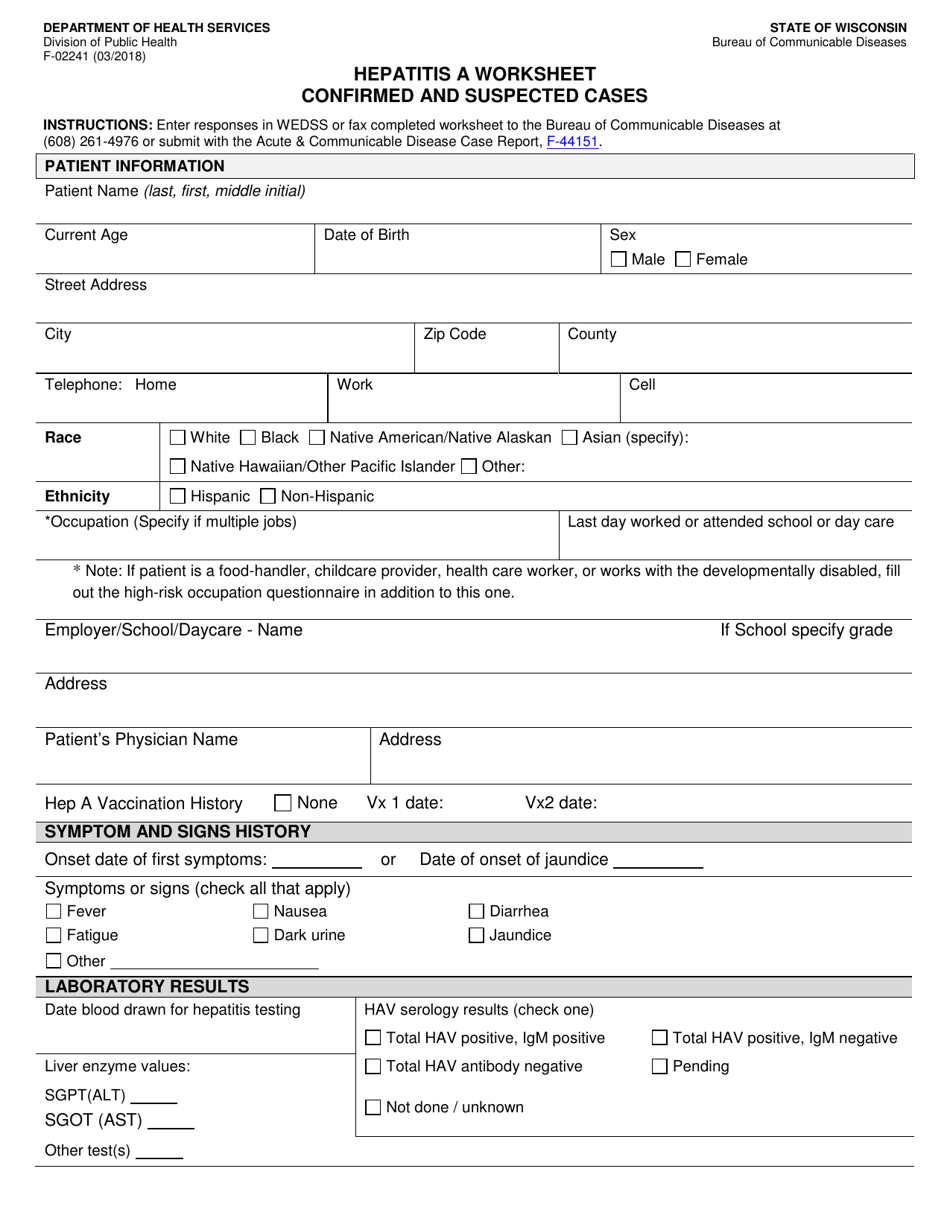 Form F-02241 Hepatitis a Worksheet Confirmed and Suspected Cases - Wisconsin, Page 1