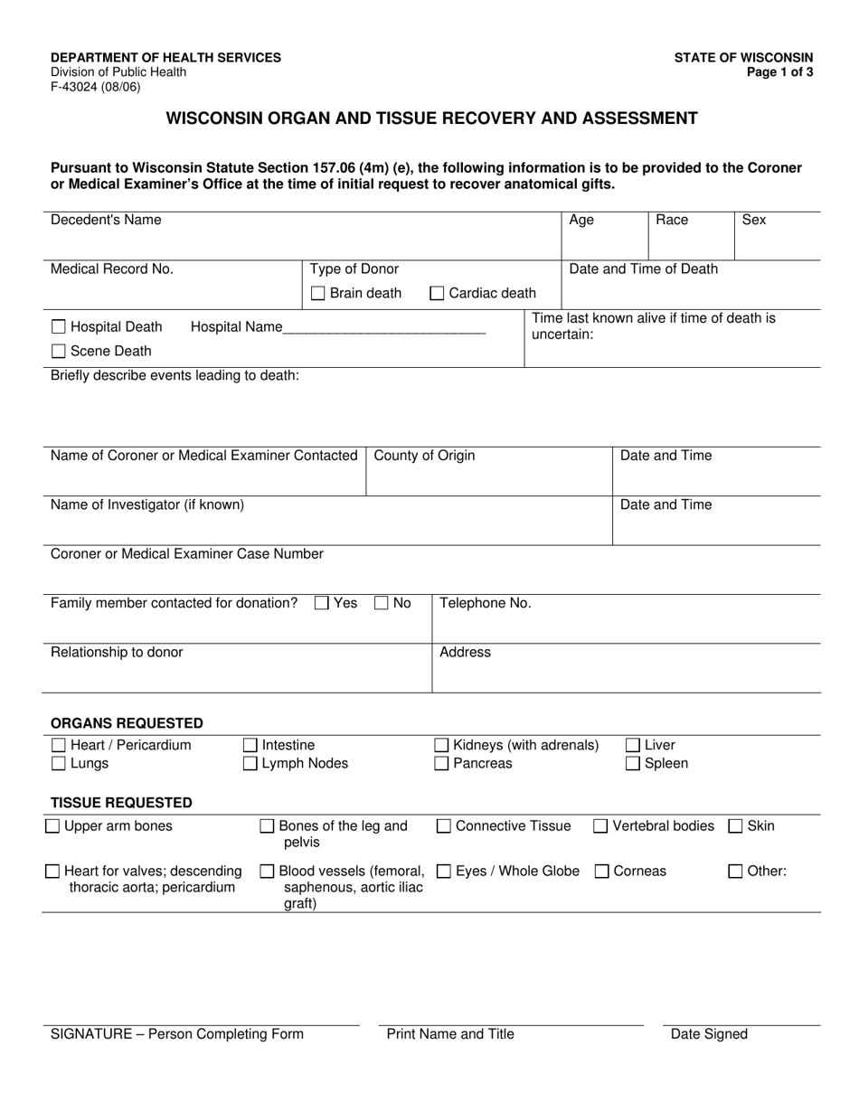 Form F-43024 Wisconsin Organ and Tissue Recovery and Assessment - Wisconsin, Page 1