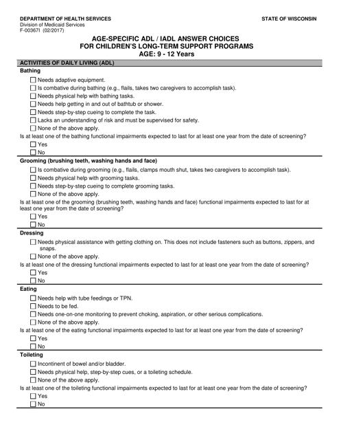 Form F-00367I Age-Specific Adl/Iadl Answer Choices for Children's Long-Term Support Programs Age: 9-12 Years - Wisconsin