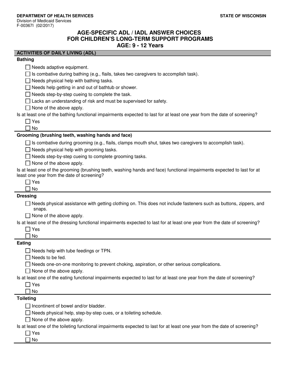 Form F-00367I Age-Specific Adl / Iadl Answer Choices for Childrens Long-Term Support Programs Age: 9-12 Years - Wisconsin, Page 1