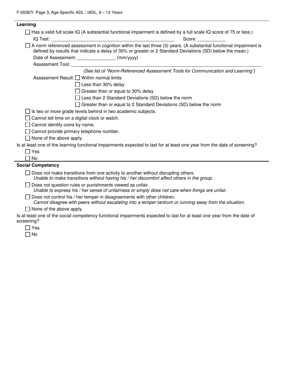 Form F-00367I Age-Specific Adl / Iadl Answer Choices for Childrens Long-Term Support Programs Age: 9-12 Years - Wisconsin, Page 3
