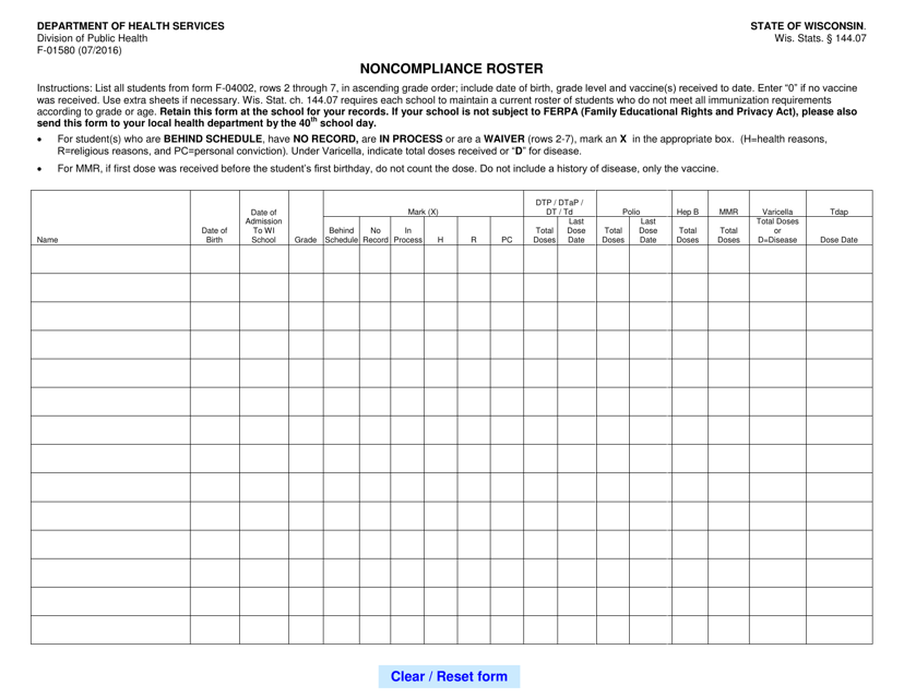 Form F-01580 Noncompliance Roster - Wisconsin