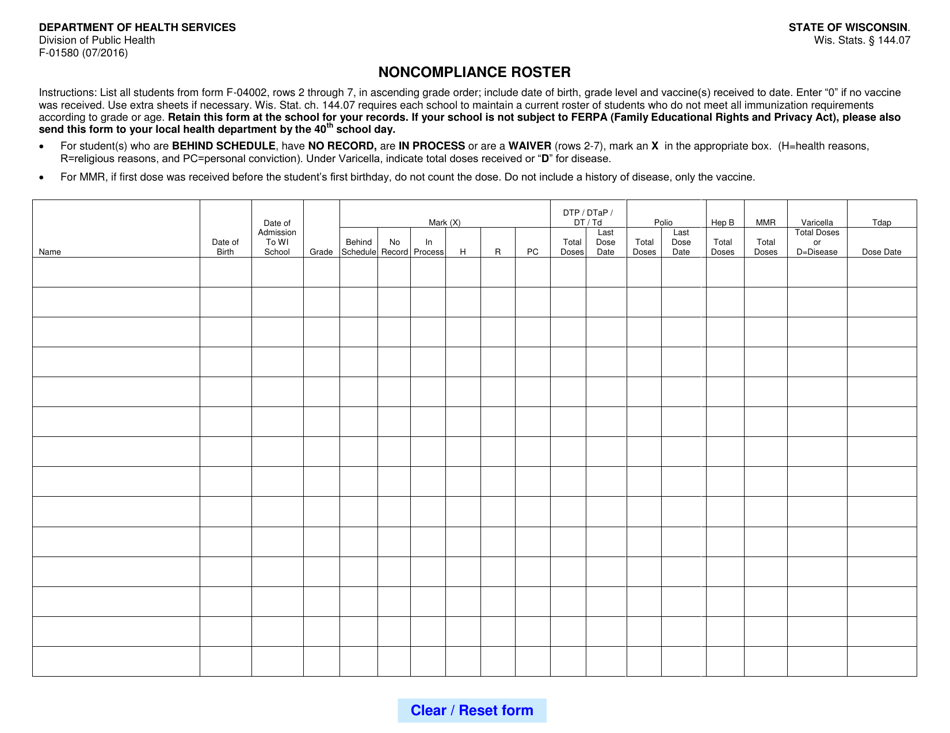 Form F-01580 Noncompliance Roster - Wisconsin, Page 1