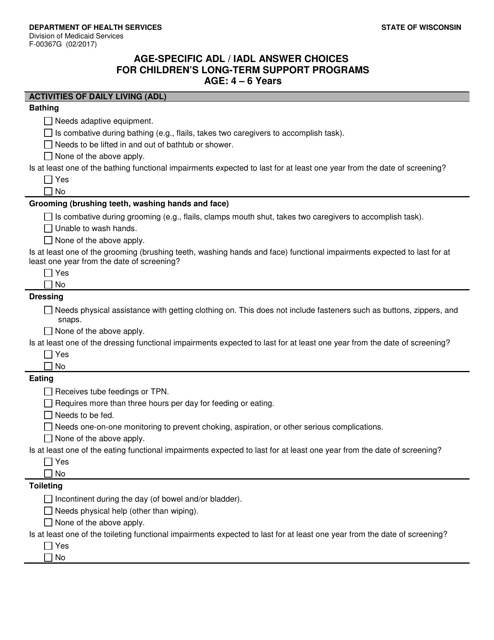 Form F-00367G Age-Specific Adl/Iadl Answer Choices for Children's Long-Term Support Programs Age: 4-6 Years - Wisconsin
