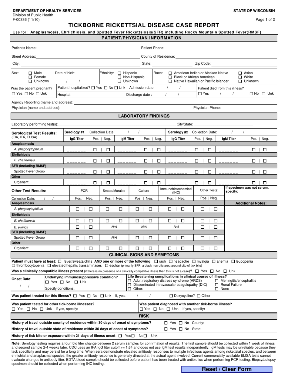Form F-00336 Tickborne Rickettsial Disease Case Report - Wisconsin, Page 1