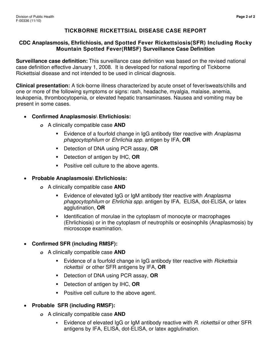 Form F-00336 Tickborne Rickettsial Disease Case Report - Wisconsin, Page 2