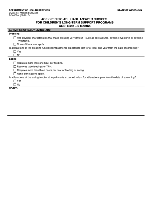 Form F-00367A Age-Specific Adl/Iadl Answer Choices for Children's Long-Term Support Programs Age: Birth - 6 Months - Wisconsin