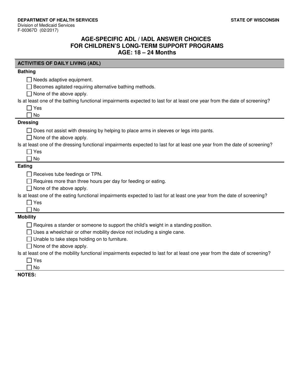 Form F-00367D Age-Specific Adl / Iadl Answer Choices for Childrens Long-Term Support Programs Age: 18 to 24 Months - Wisconsin, Page 1