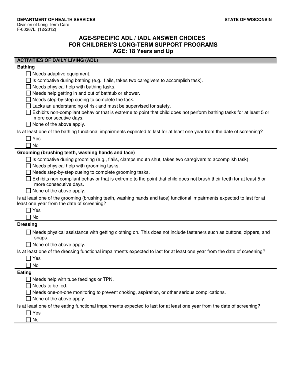 Form F-00367L Age-Specific Adl / Iadl Answer Choices for Childrens Long-Term Support Programs Age: 18 Years and up - Wisconsin, Page 1