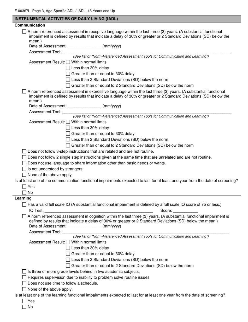 Form F-00367L Age-Specific Adl / Iadl Answer Choices for Childrens Long-Term Support Programs Age: 18 Years and up - Wisconsin, Page 3