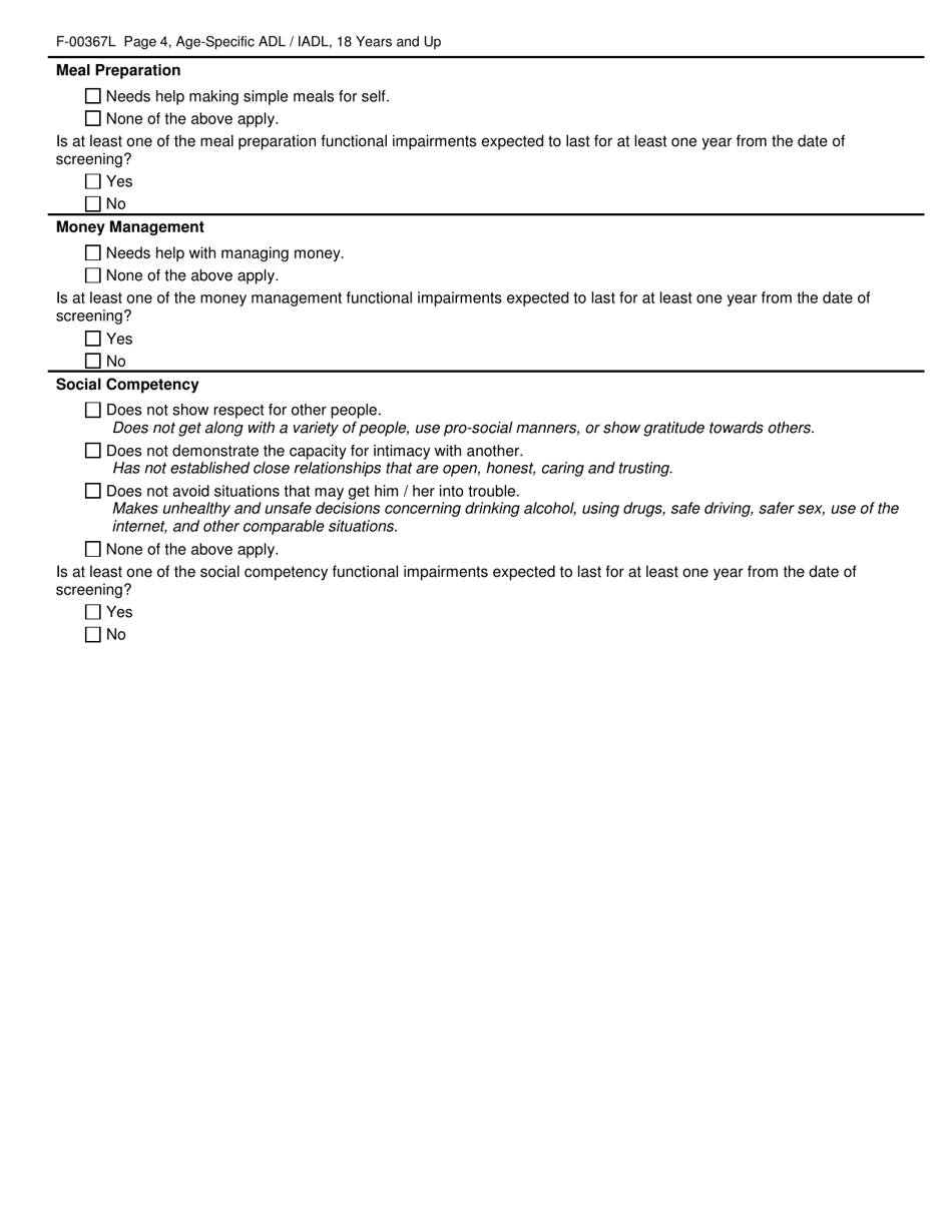 Form F-00367L Age-Specific Adl / Iadl Answer Choices for Childrens Long-Term Support Programs Age: 18 Years and up - Wisconsin, Page 4