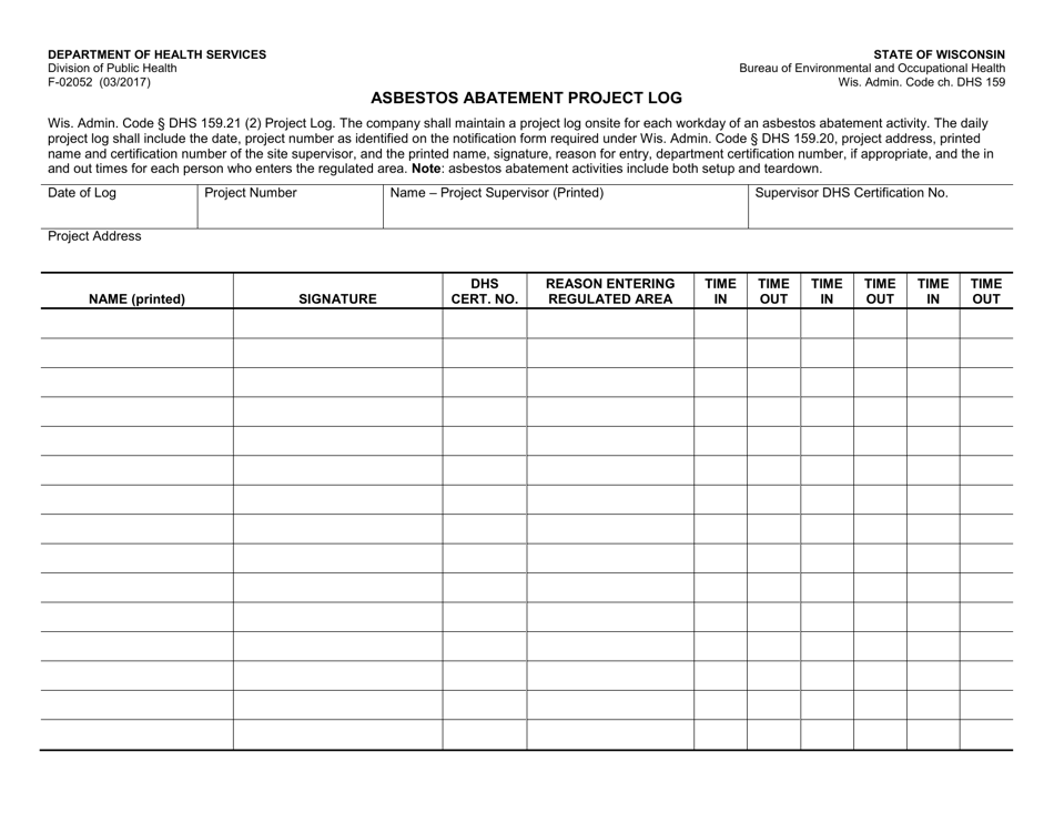 Form F-02052 Asbestos Abatement Project Log - Wisconsin, Page 1
