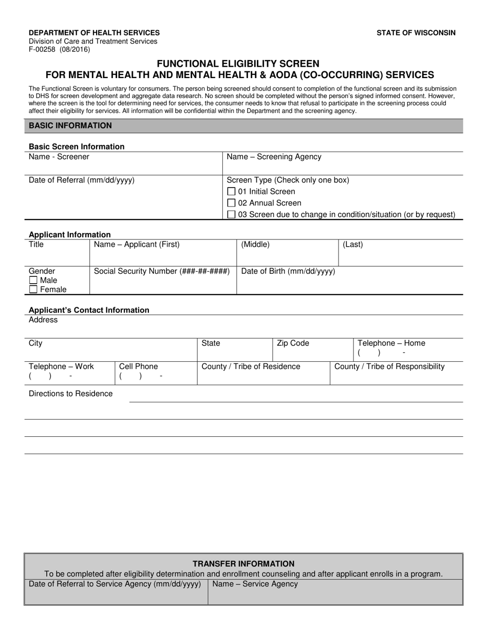 Form F-00258 Functional Eligibility Screen for Mental Health and Mental Health  Aoda (Co-occurring) Services - Wisconsin, Page 1