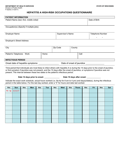 Form F-02242 Hepatitis a High-Risk Occupations Questionnaire - Wisconsin