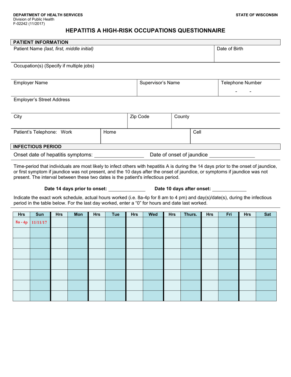 Form F-02242 Hepatitis a High-Risk Occupations Questionnaire - Wisconsin, Page 1